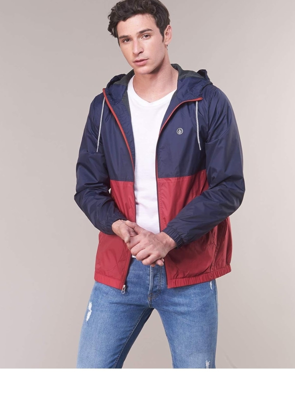Volcom Navy and Burgundy Colorblock Hooded Windbreaker